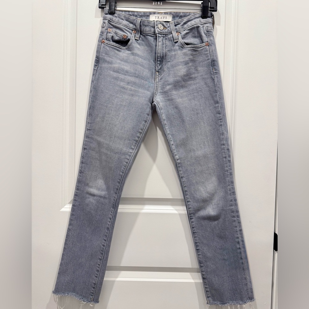 Trave light blue wash women's straight leg jeans. Irina slim, 26” inseam.